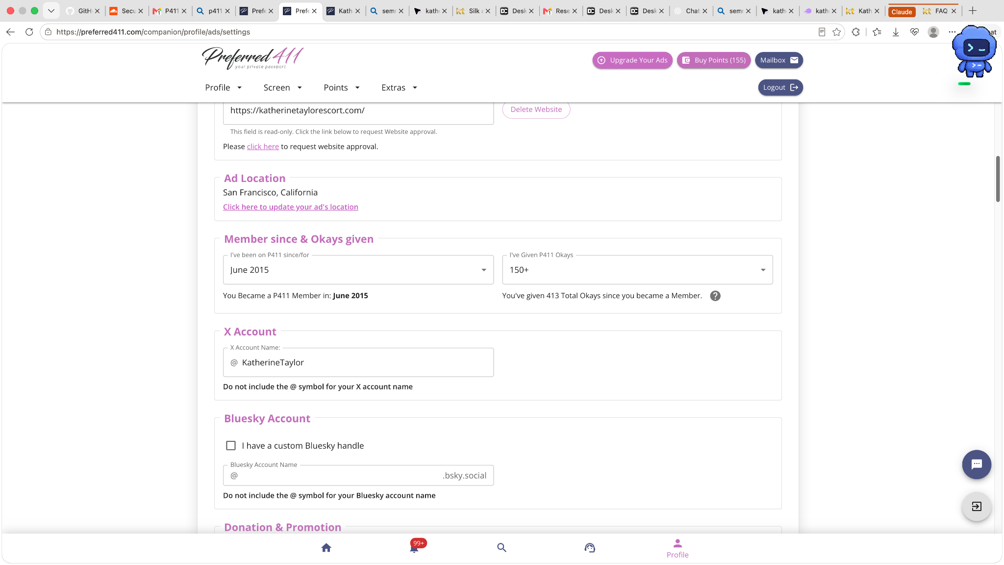 Preferred411 account settings displaying membership since June 2015 and 413 total OKs given