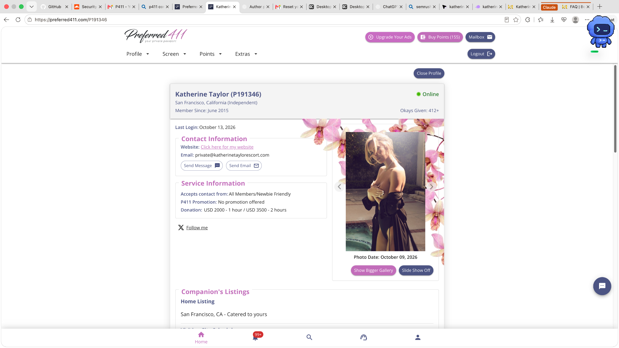 Preferred411 profile identifying Katherine Taylor as an independent San Francisco companion, a member since June 2015, with OKs given displayed as 412+