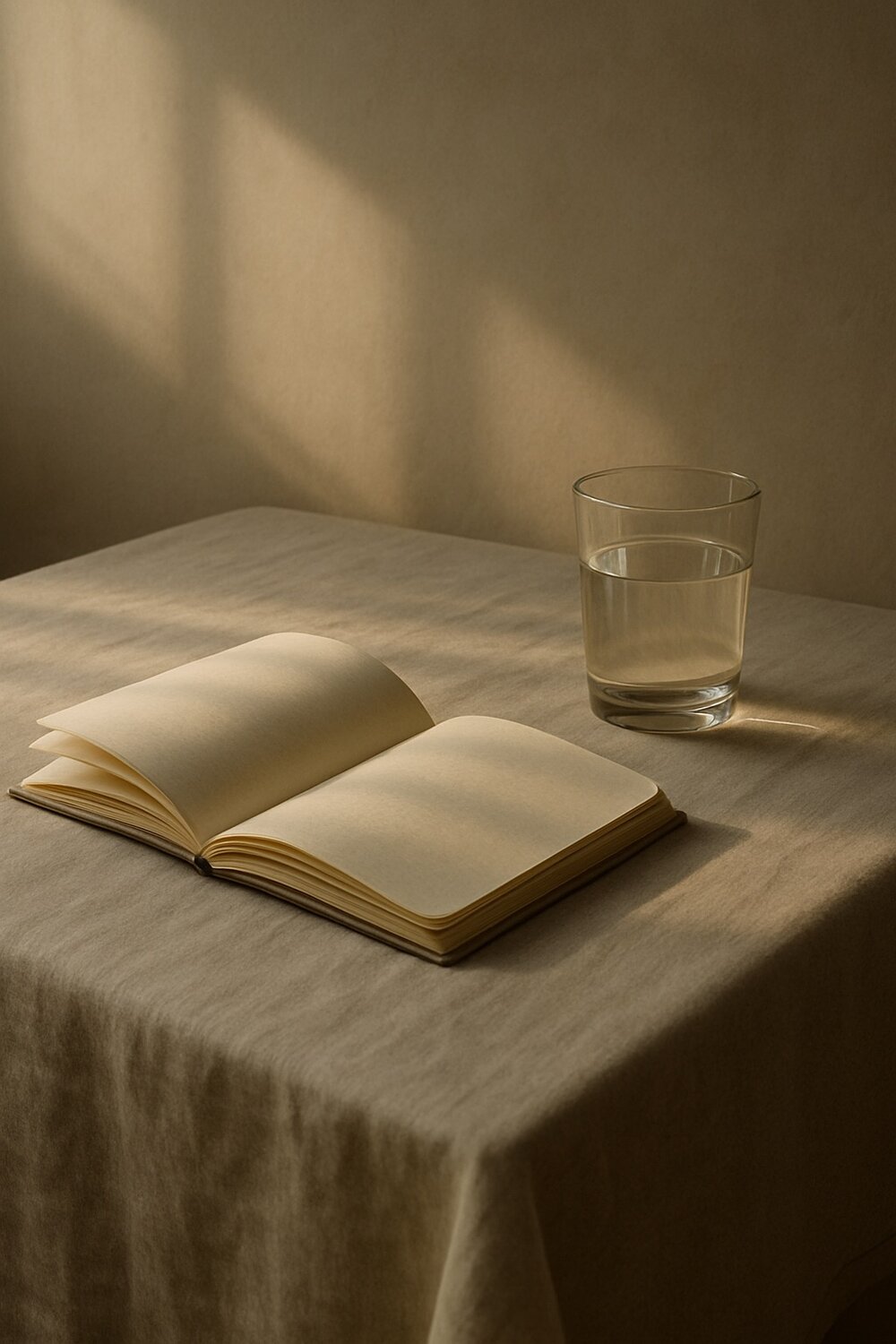 Open journal on linen table beside a glass of water in warm morning light